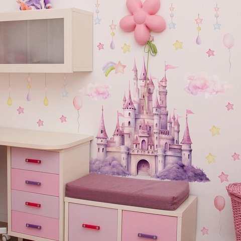 Pegatinas De Pared De Castillo En Acuarela Cuento De Hadas Estrella Nube PVC Calcomanías Para Dormitorio De Niñas Niños