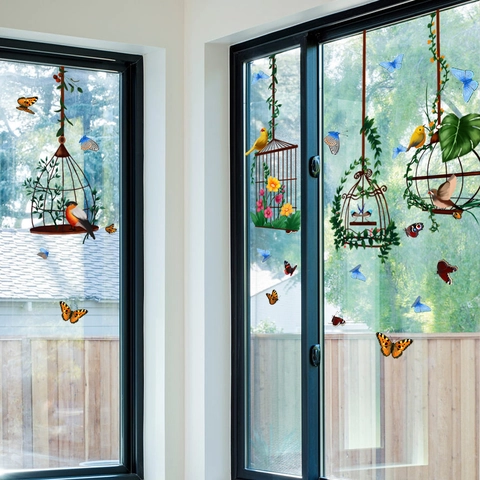 Adesivi Per Finestre Gabbia Per Uccelli Farfalla Adesivo Statico PVC Doppia Faccia Visibile Fiore Vite Decalcomanie Vetro Decorazione