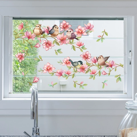 Pfirsichblütenzweig Vogel Fenstersticker Statisch Haftende Glasfolie Doppelseitig Wasserdicht Wandaufkleber Dekoration