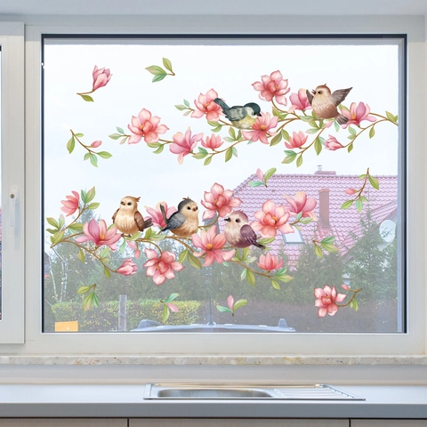 Pfirsichblütenzweig Vogel Fenstersticker Statisch Haftende Glasfolie Doppelseitig Wasserdicht Wandaufkleber Dekoration
