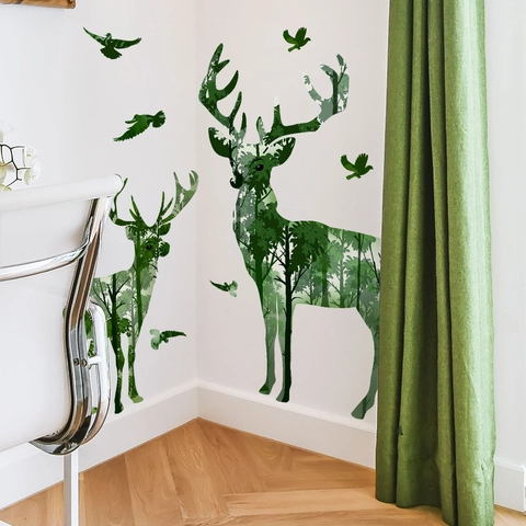 PVC Forest Tree Silhouette Elk Moose Wall Stickers Waterproof Removable Self Adhesive Nature Theme Home Decor Decals
