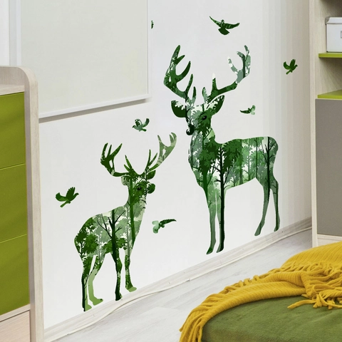 PVC Forest Tree Silhouette Elk Moose Wall Stickers Waterproof Removable Self Adhesive Nature Theme Home Decor Decals