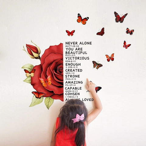 Adesivo Murale Rosa Rossa Farfalla Citazioni Ispiratrici PVC Impermeabile Rimovibile Autoadesivo Versetto Biblico