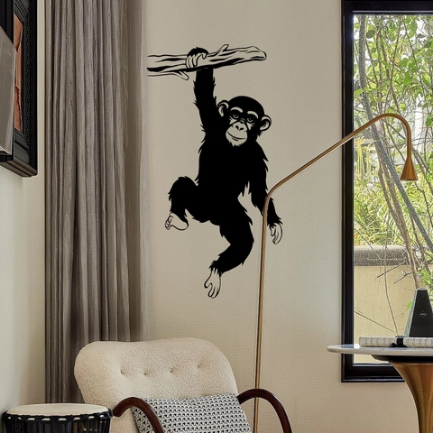 Sticker Mural Gorille Silhouette Noire PVC Amovible Auto-Adhésif Chimpanzé Banane Décor Pour Chambre Enfant Chambre