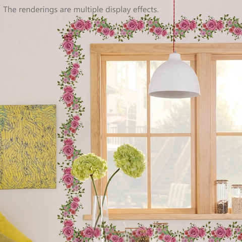 Pink Rose Flower Vine Wall Stickers PVC Self Adhesive Removable Floral Decals For Living Room Bedroom Window Decor