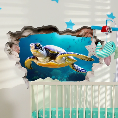 Autocollant Mural Tortue Marine 3D Réaliste Effet Mur Brisé Décor Océan Imperméable PVC Pour Salle De Bain Salon