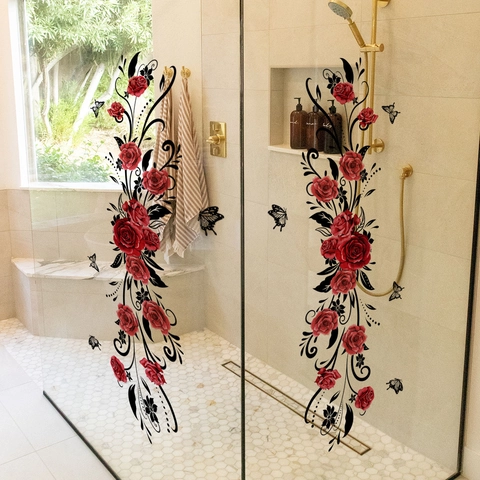 Red Rose Flower Vine Butterfly Window Sticker Double Sided Waterproof PVC Wall Decal For Glass Door Bathroom Home Decor