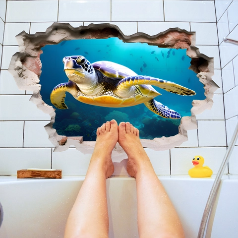 Autocollant Mural Tortue Marine 3D Réaliste Effet Mur Brisé Décor Océan Imperméable PVC Pour Salle De Bain Salon