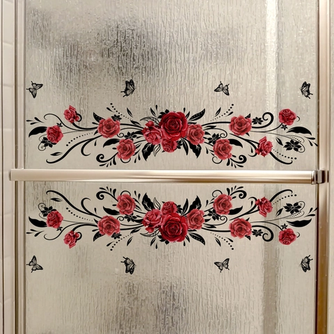 Red Rose Flower Vine Butterfly Window Sticker Double Sided Waterproof PVC Wall Decal For Glass Door Bathroom Home Decor