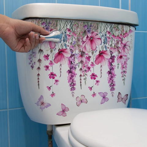 Flower Butterfly Wall Stickers Waterproof Self Adhesive Toilet Lid Stickers Removable PVC Bathroom Decoration Art Decals