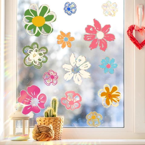 Pegatinas De Ventana Florales Pintura Al Óleo Atrapasol Película Prisma Arcoíris Estática PVC Doble Cara Margarita Calcomanías