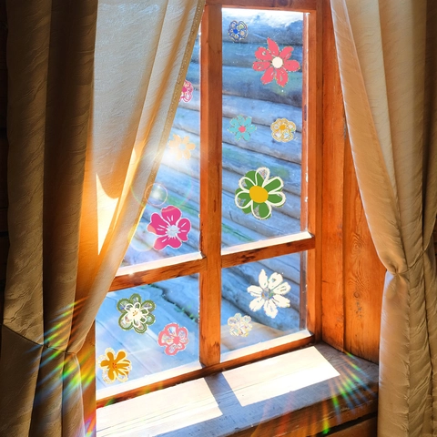 Pegatinas De Ventana Florales Pintura Al Óleo Atrapasol Película Prisma Arcoíris Estática PVC Doble Cara Margarita Calcomanías
