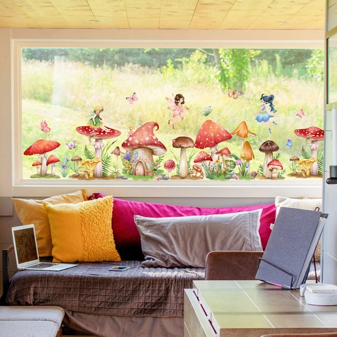 Pegatinas de Ventana Hada Hongo Mariposa Estática PVC Doble Cara Calcomanía de Vidrio Decoración Bosque para Habitación Niños