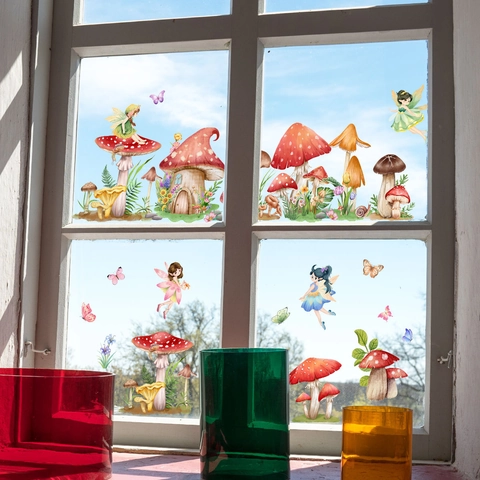 Pegatinas de Ventana Hada Hongo Mariposa Estática PVC Doble Cara Calcomanía de Vidrio Decoración Bosque para Habitación Niños