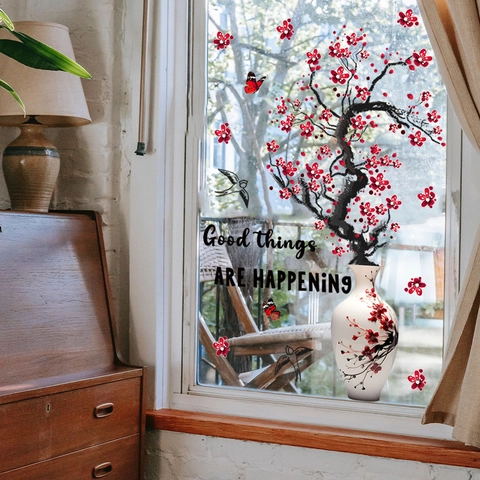 Chinese Style Plum Blossom Vase Wall Sticker PVC Removable Static Cling Window Decal Good Things Motivational Phrase Home Decor