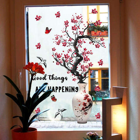 Chinese Style Plum Blossom Vase Wall Sticker PVC Removable Static Cling Window Decal Good Things Motivational Phrase Home Decor