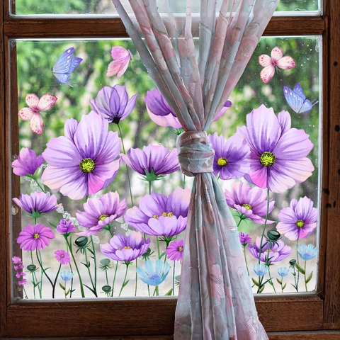 Adesivi per Finestre Statici con Fiori di Cosmo Viola e Farfalle Fronte Retro Impermeabili in PVC per Soggiorno Casa