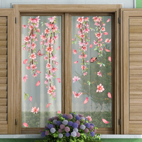 Pegatinas Ventana Rama Cerezo Rosa Mariposa PVC Estática Decoración Cristal Floral Hogar Romántico