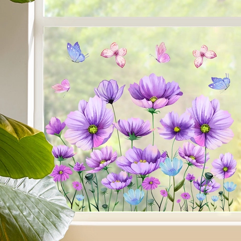Adesivi per Finestre Statici con Fiori di Cosmo Viola e Farfalle Fronte Retro Impermeabili in PVC per Soggiorno Casa