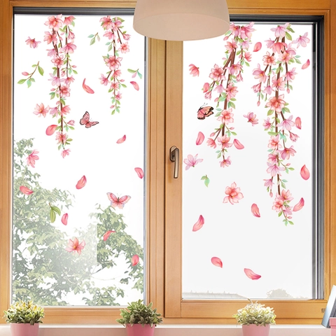 Pegatinas Ventana Rama Cerezo Rosa Mariposa PVC Estática Decoración Cristal Floral Hogar Romántico