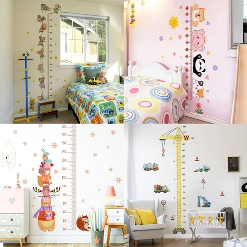 Cartoon Animals Construction Crane Height Chart Wall Stickers Self Adhesive PVC Decorative Growth Ruler For Nursery Kids Room
