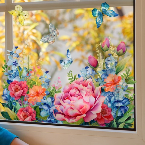 Watercolor Peony Butterfly Window Stickers Static Cling Double Sided Glass Decals For Home Kitchen Bathroom Shop Decor