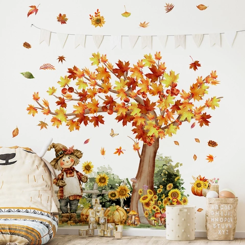 Large Autumn Theme Wall Sticker Maple Tree Scarecrow Sunflower Pumpkin Watercolor DIY Decal For Kids Room Living Room Decor