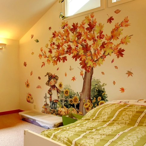 Large Autumn Theme Wall Sticker Maple Tree Scarecrow Sunflower Pumpkin Watercolor DIY Decal For Kids Room Living Room Decor