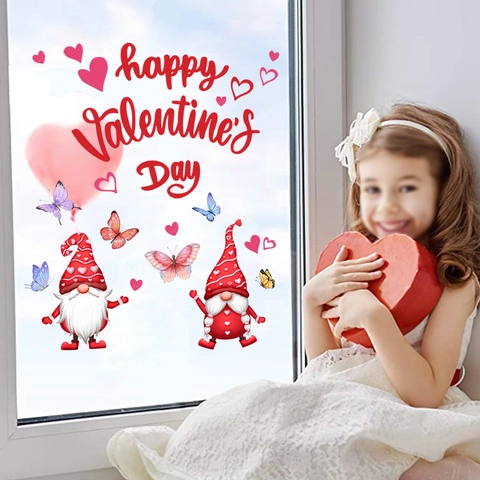 Valentine Day Window Clings Gnomes Heart Butterflies PVC Double Sided Static Decals For Holiday Festival Glass Decor