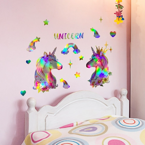 Stickers Muraux Laser Holographique Licorne Arc-En-Ciel Étoiles Cœurs Décoratif PVC Pour Chambre D'enfant Fille Décor
