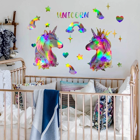 Stickers Muraux Laser Holographique Licorne Arc-En-Ciel Étoiles Cœurs Décoratif PVC Pour Chambre D'enfant Fille Décor