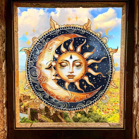 Sun Moon God Vintage Window Stickers PVC Static Glass Clings Bohemian Mystical Tarot Style Home Decorative Decals