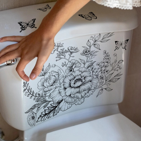 Minimalist Black Line Art Flower Butterfly Toilet Sticker Removable PVC Waterproof Wall Decal For Bathroom Home Decor