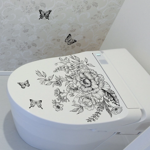 Minimalist Black Line Art Flower Butterfly Toilet Sticker Removable PVC Waterproof Wall Decal For Bathroom Home Decor