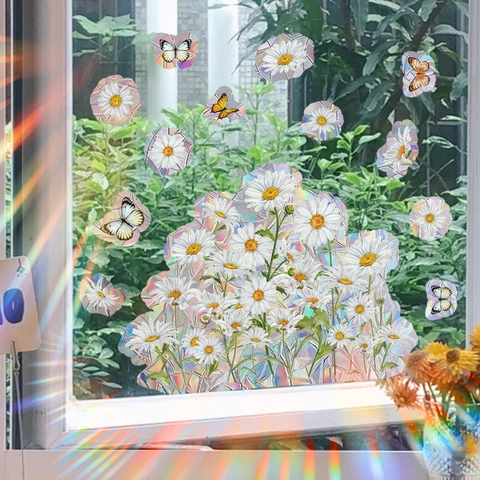 Regenboog Prisma Raamsticker Madeliefje Vlinder Statische Glas Sticker Zonnevanger Holografische Bloem Decal Voor Huis Kantoor Decor