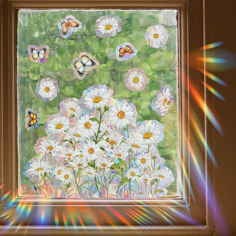 Regenboog Prisma Raamsticker Madeliefje Vlinder Statische Glas Sticker Zonnevanger Holografische Bloem Decal Voor Huis Kantoor Decor