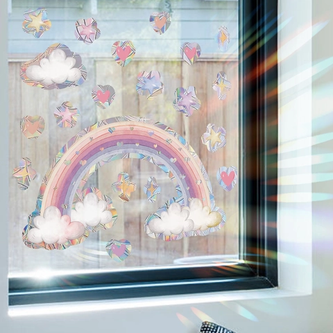 Rainbow Suncatcher Window Sticker Holographic Prism Static Cling Decal For Glass Clouds Heart Star Decoration