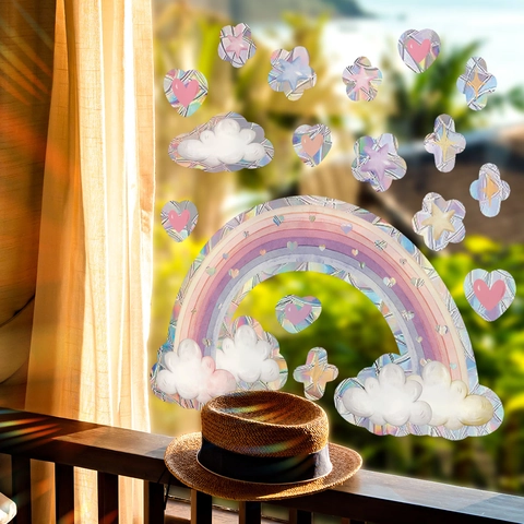 Rainbow Suncatcher Window Sticker Holographic Prism Static Cling Decal For Glass Clouds Heart Star Decoration