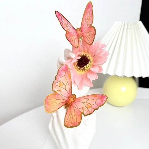 3D Butterfly Wall Stickers PVC Gold Edged Pink Gradient Stereoscopic Decals For Living Room Bedroom Home Decoration