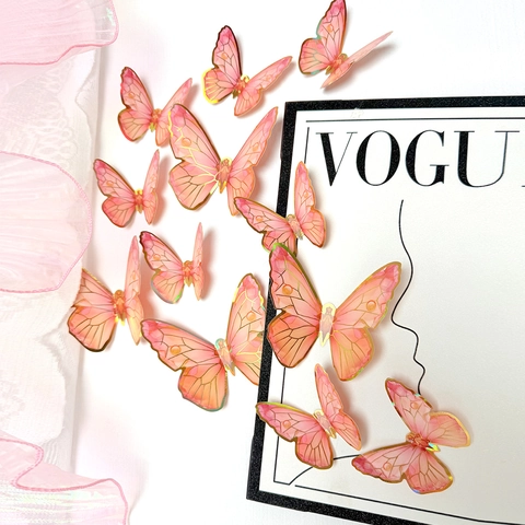 3D Butterfly Wall Stickers PVC Gold Edged Pink Gradient Stereoscopic Decals For Living Room Bedroom Home Decoration