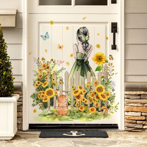 Autocollants Muraux Fille Tournesol PVC Décalcomanies Auto-adhésifs Amovibles Pour Chambre Salon Décoration De Porte Style Rural