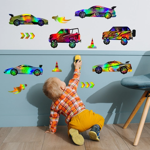 Racing Car Wall Stickers Laser Holographic Gradient Waterproof Sports Vehicle Decals For Kids Bedroom Nursery Decor