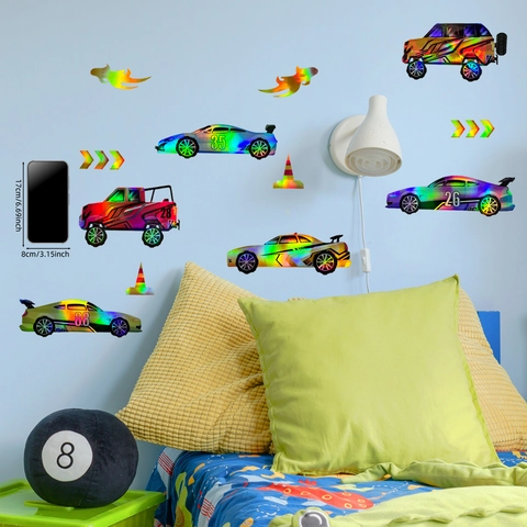 Racing Car Wall Stickers Laser Holographic Gradient Waterproof Sports Vehicle Decals For Kids Bedroom Nursery Decor