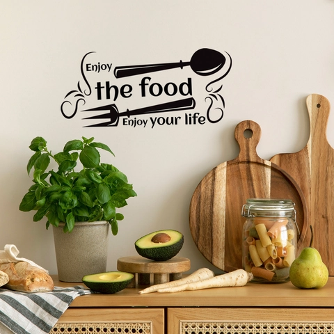 Kitchen Wall Sticker Enjoy The Food Quote Spoon Fork Icons PVC Removable Self Adhesive Dining Room Restaurant Decor Modern
