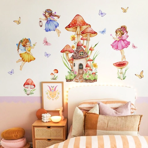 Sticker Mural Dessin Animé Maison Champignon Fée Papillon Décalcomanie Murale Aquarelle Conte de Fées PVC Auto-adhésif Décoration Chambre Enfant