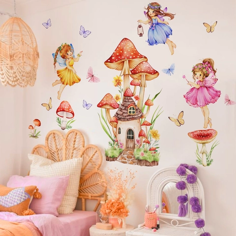 Sticker Mural Dessin Animé Maison Champignon Fée Papillon Décalcomanie Murale Aquarelle Conte de Fées PVC Auto-adhésif Décoration Chambre Enfant