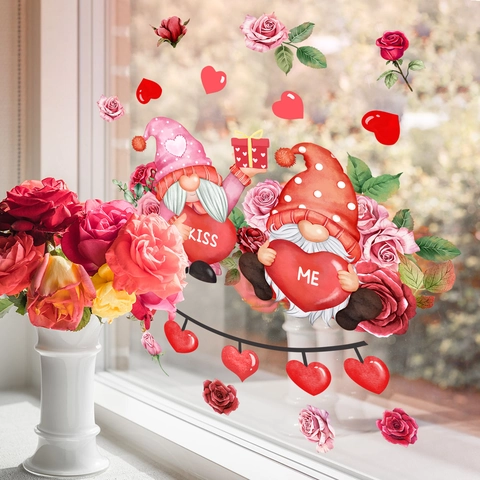 Valentine's Day Gnome Window Clings Heart Rose Static Cling Decals Double Sided Glass Stickers Home Wedding Decor Anniversary Party Supplies