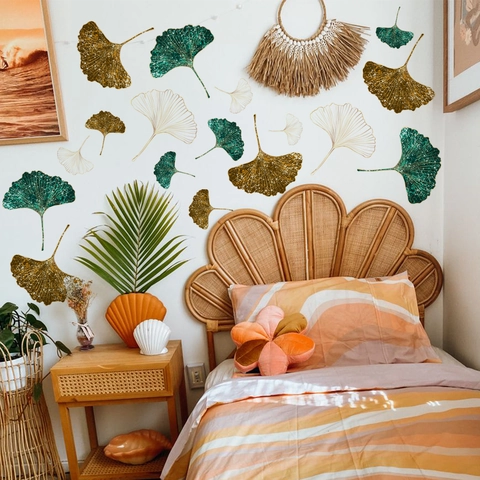 Pegatinas de Pared de Hoja de Ginkgo Creativas Hojas Oro Verde DIY PVC Calcomanías de Pared para Sala de Estar Dormitorio Decoración de Hogar Sin Bordes Blancos