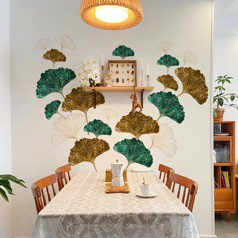 Pegatinas de Pared de Hoja de Ginkgo Creativas Hojas Oro Verde DIY PVC Calcomanías de Pared para Sala de Estar Dormitorio Decoración de Hogar Sin Bordes Blancos