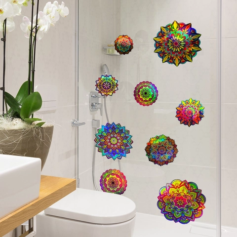 Laser Holographic Mandala Flower Wall Stickers Rainbow Gradient Geometric Pattern PVC Self Adhesive Home Window Decals Waterproof